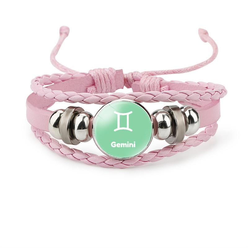 Trendy Pink Leather Braided Bracelet With Zodiac Time Gemstone For Men And Women