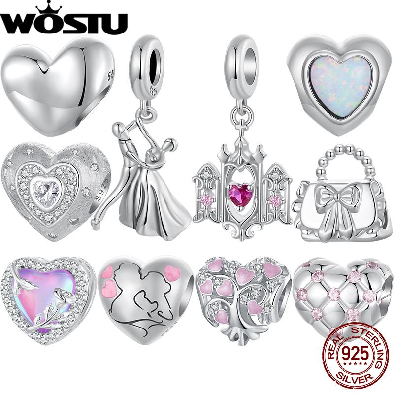 WOSTU 925 Silver Pink Heart Charms Lover Couple Wedding Pendant Opal Beads Fit for Bracelet DIY Valentine Gift
