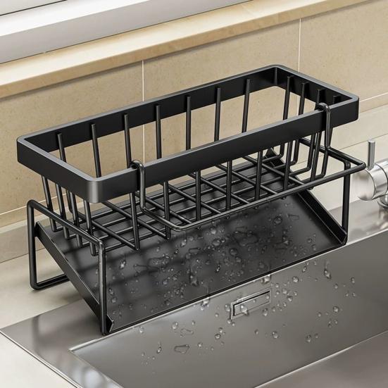 Kitchen Sink Caddy Organizer Plastic Sponge Soap Dish Holder with Dishcloth Hanger Drying Rack And Auto Drain Tray for Kitchen Countertop