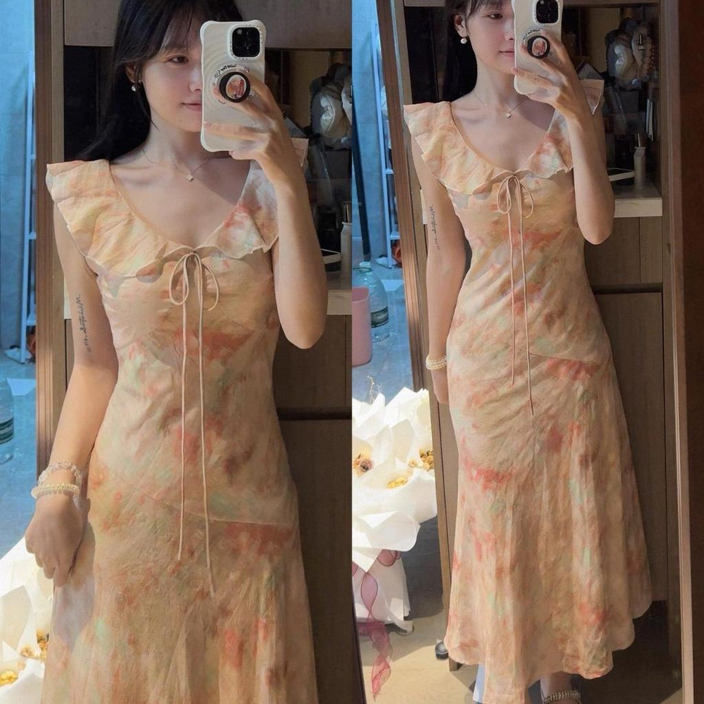 Spring and Summer Gentle and Sweet Wind Small Flying Sleeves Floral Dress Women's New Temperament Slim Lotus Leaf Edge Collar Long Dress