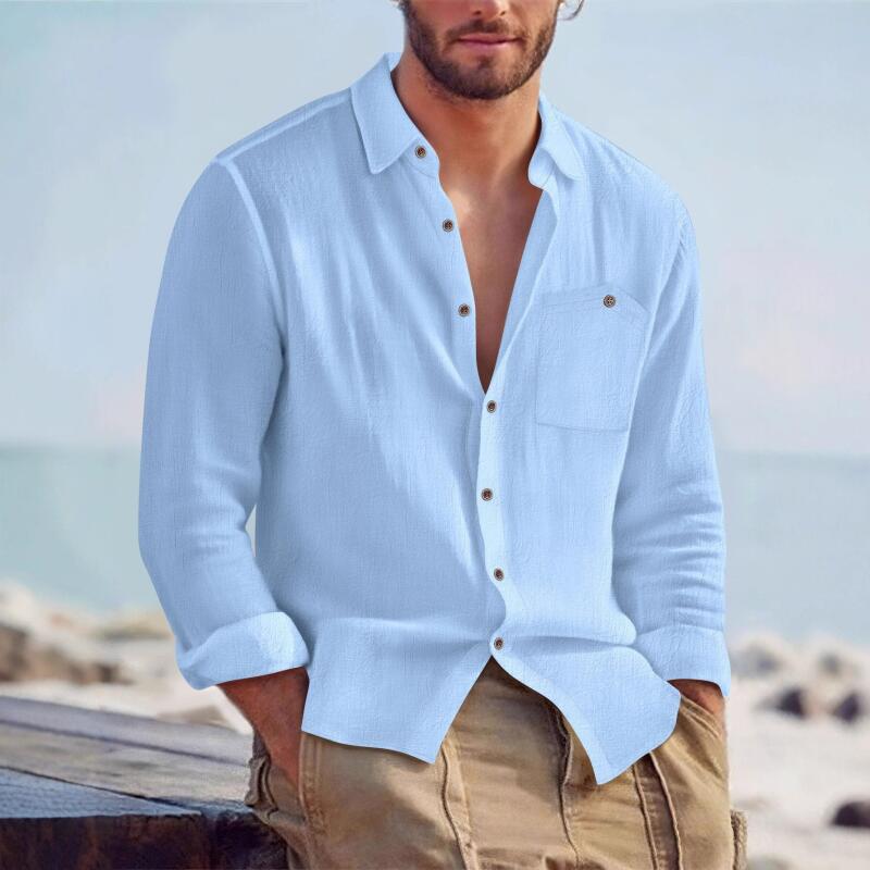 Spring Autumn Men's Cotton Hemp Long Sleeve Shirt Loose Casual with Pocket Collar Shirts