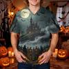 Men's Halloween Print V-Neck Scrub Top with Pocket Short Sleeve Uniform Shirt