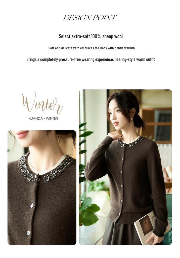 2025 Autumn/Winter Women's Round Neck Pure Wool Cardigan with Rhinestones, Slimming Knit Cashmere Sweater Coat