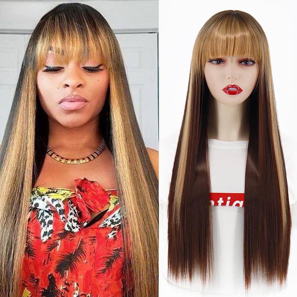 MERISIHAIR Brown Long Straight Wig with Blunt Bangs Synthetic Heat Resistant Fiber Wig for Women Daily Wear