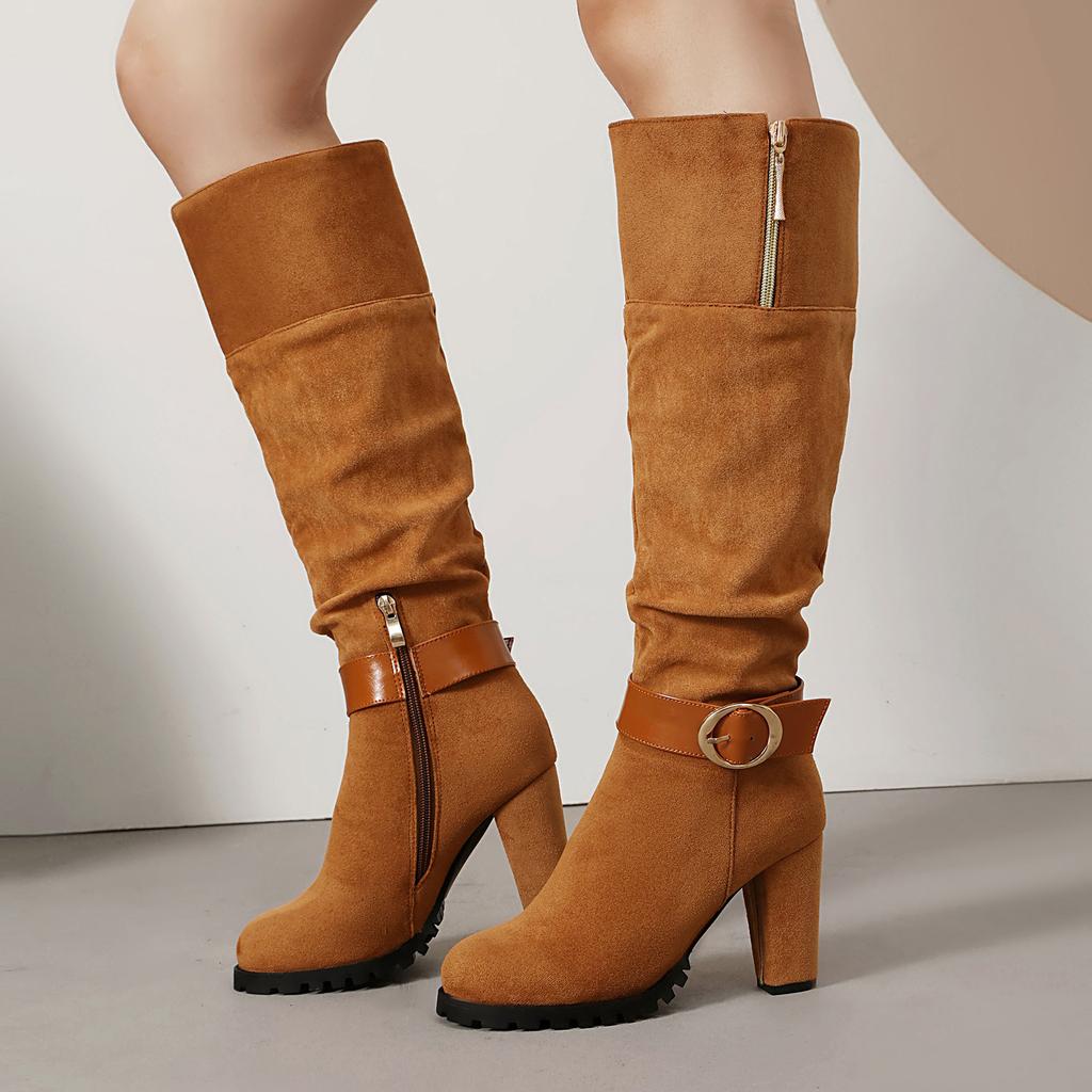 Belt Buckle Suede Tall Knight Boots Fold Two Wear Women'S Boots Thick High Heel Boots 32-44