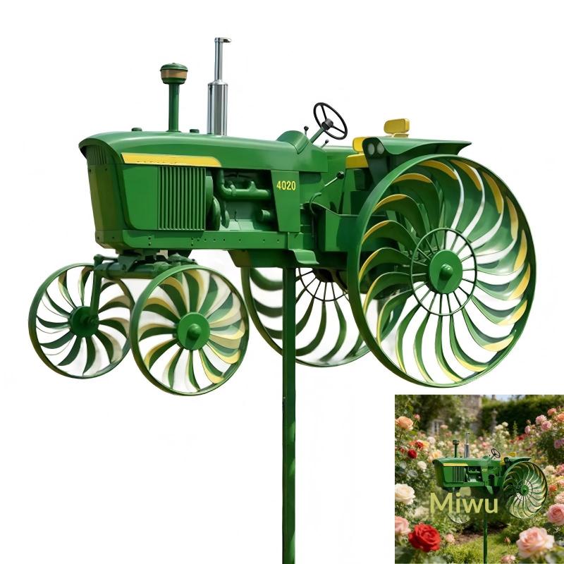 Garden Wind Spinner, Green Tractor Windmill Stake With Rotating Wheels For Patio Yard Garden, Unique Outdoor Sculptures Ornament