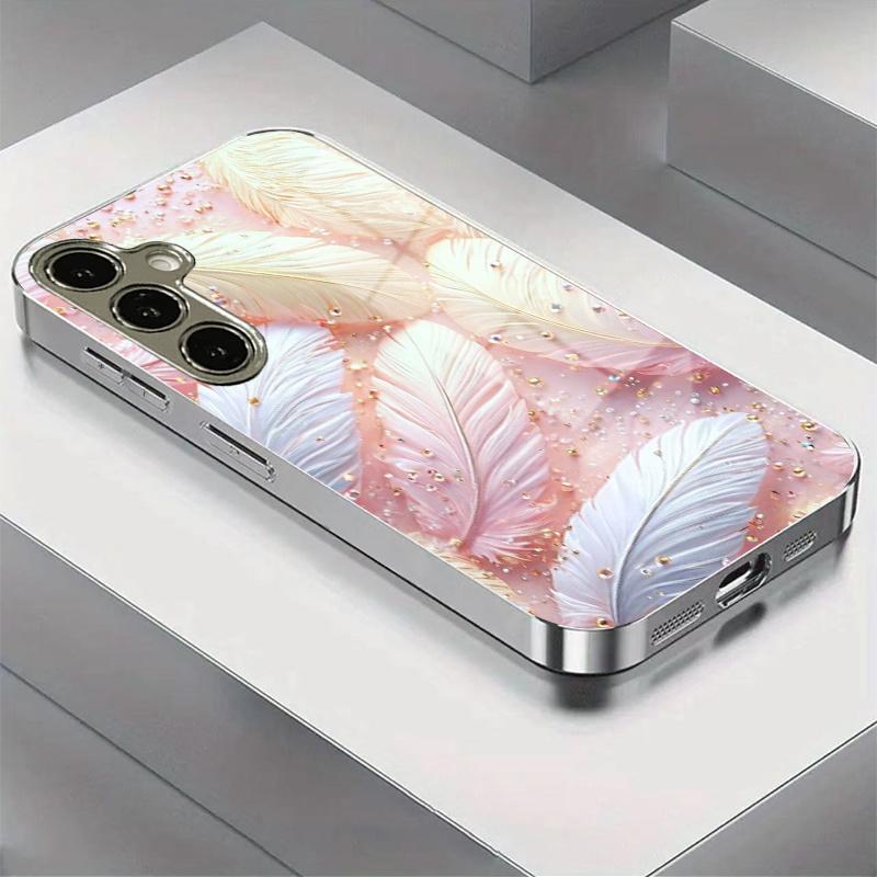 

Позолоченный чехол из закаленного стекла для телефона Samsung Galaxy S26, S25, S24, S23 и S22 Ultra Plus. Дизайн с розовыми перьями. For Galaxy S26