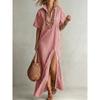 Casual Dresses - Summer V-neck Short Sleeve Striped Split Cotton Linen Women Dress For Cross-border Trade