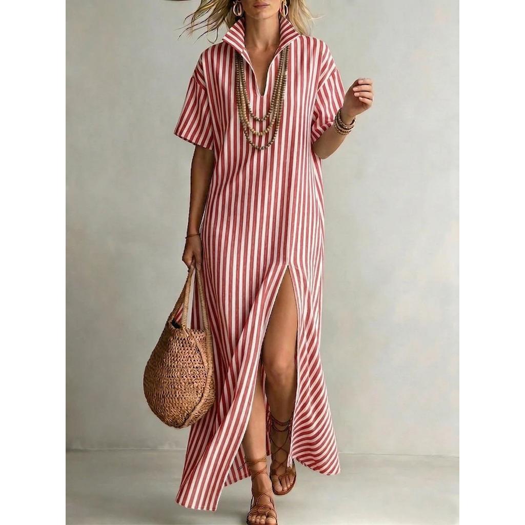 Casual Dresses - Summer V-neck Short Sleeve Striped Split Cotton Linen Women Dress For Cross-border Trade