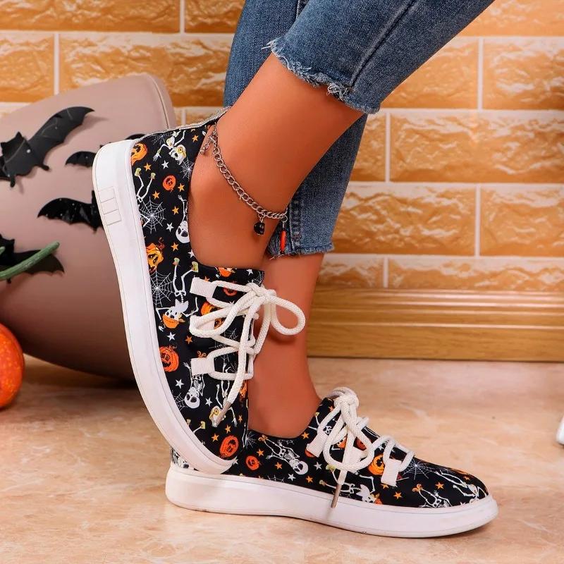 Loafers Women's Halloween Pumpkin Skull Graphic Print Lace-up Slip-On Flat Canvas plus size women shoes  zapatos de mujer