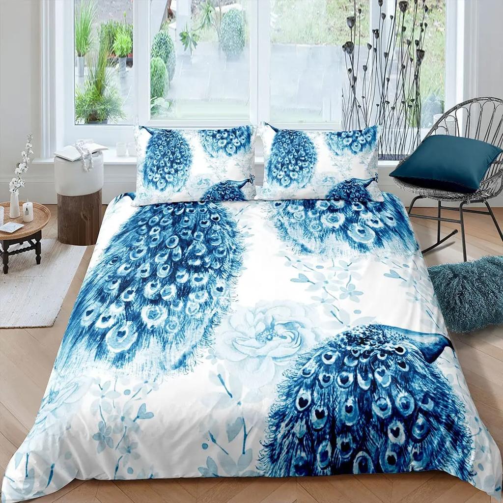 Peacock Feather Duvet Cover Set Full Queen Size Birds Feather Bedding Sets Chic Fantasy Peacock Feathers Comforter Cover 3 Pcs