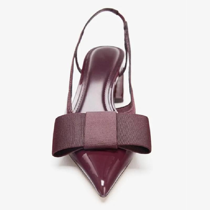 Fashion Sexy Burgundy Patent Leather Pointed Toe Pumps Women Fashion Bow Slingback Brand Designer Shoes Elegant Cozy Banquet Dress Shoes