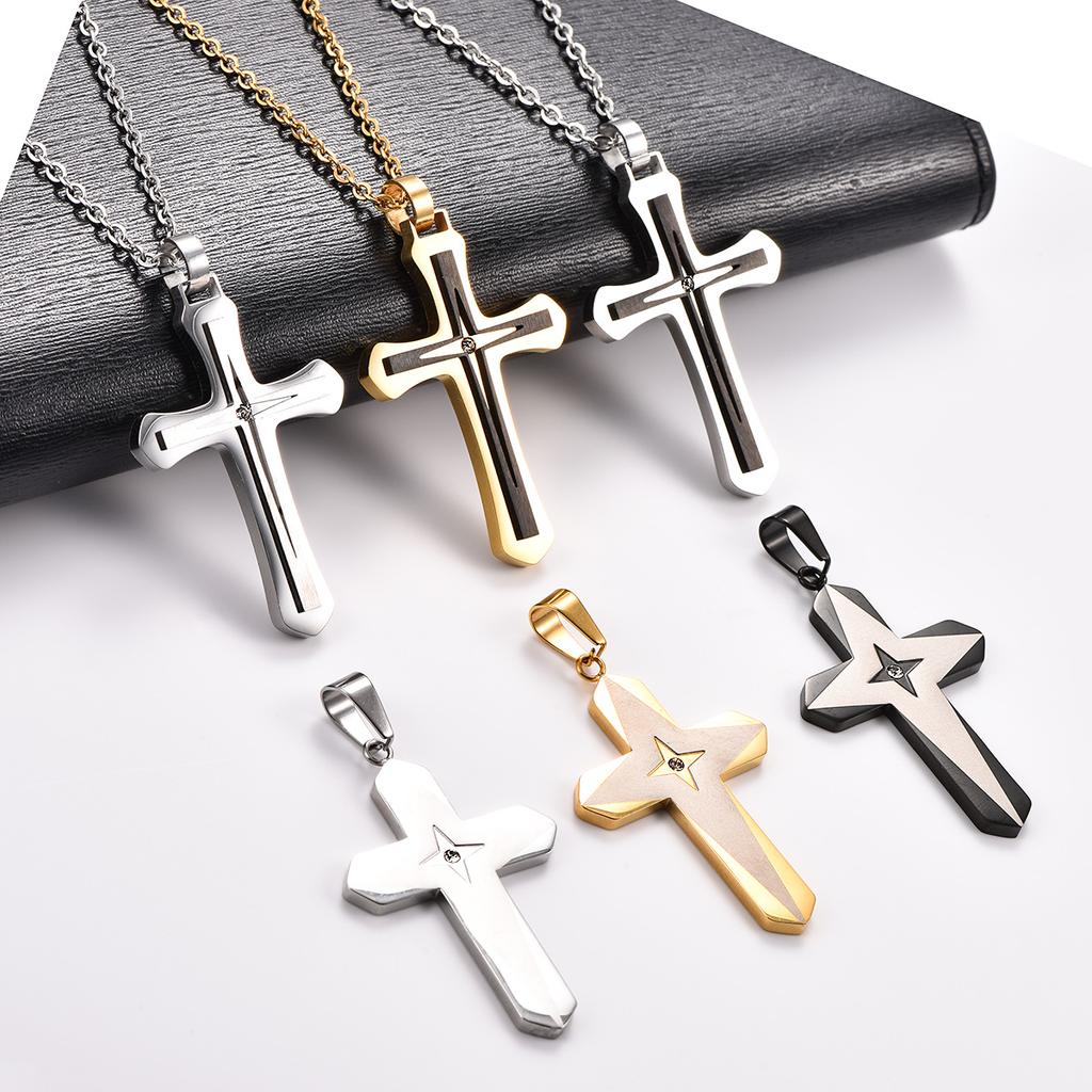 Stylish Stainless Steel Double Cross Pendant Necklace for Women Men Religious Faith Prayer Charms Chain Metal Jewelry Accessory