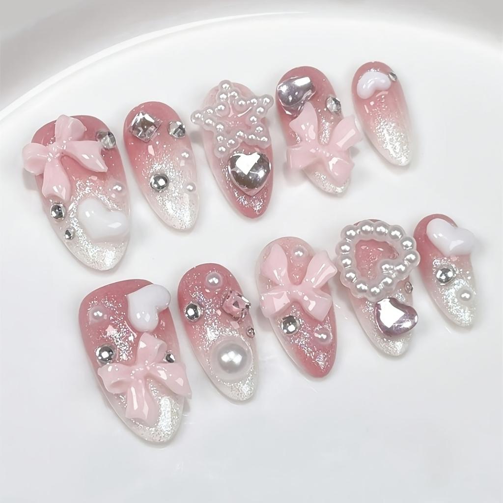 10 Stück High-End Herzform Handgemacht Rosa Falsche Nägel Süße Girly Nagelaufkleber Für Frauen
