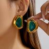 Vintage Chunky Gold Color Stud Earrings for Women Stainless Steel Hammered Molten Metal Green Stone 80s Statement Retro Jewelry