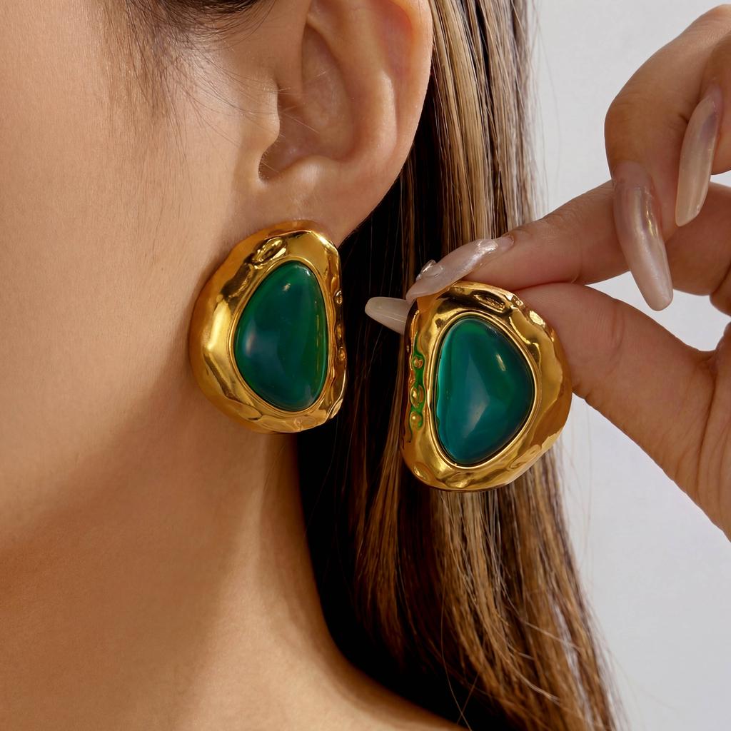 Vintage Chunky Gold Color Stud Earrings for Women Stainless Steel Hammered Molten Metal Green Stone 80s Statement Retro Jewelry