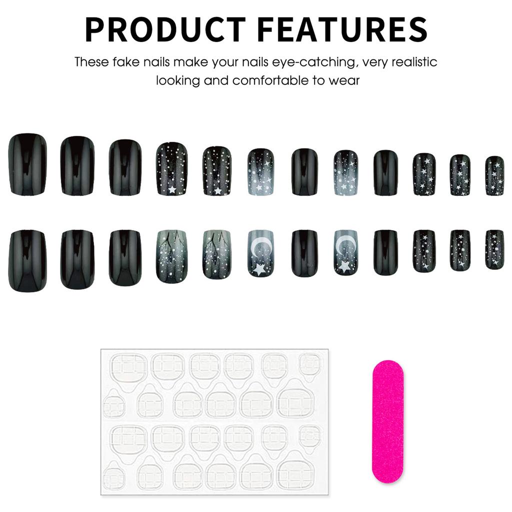 Middle Square Fake Nails Black and Grey Color Star Pattern Fake Nails for DIY Nail Design Art Salon