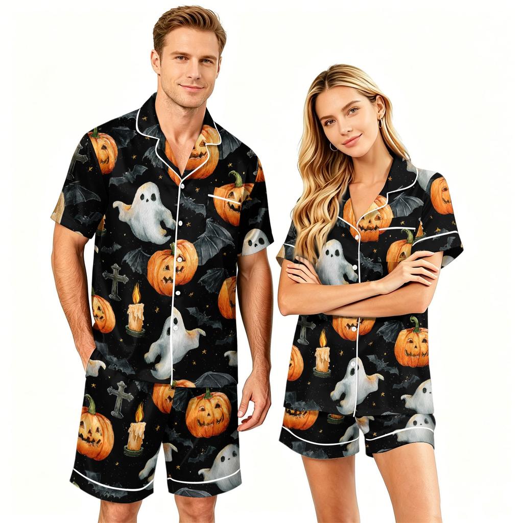 Couples Halloween Pajama Set Short Sleeve Button Down Shirt and Shorts Pajamas Soft Casual Sleepwear S To XXXXL Matching Loungewear