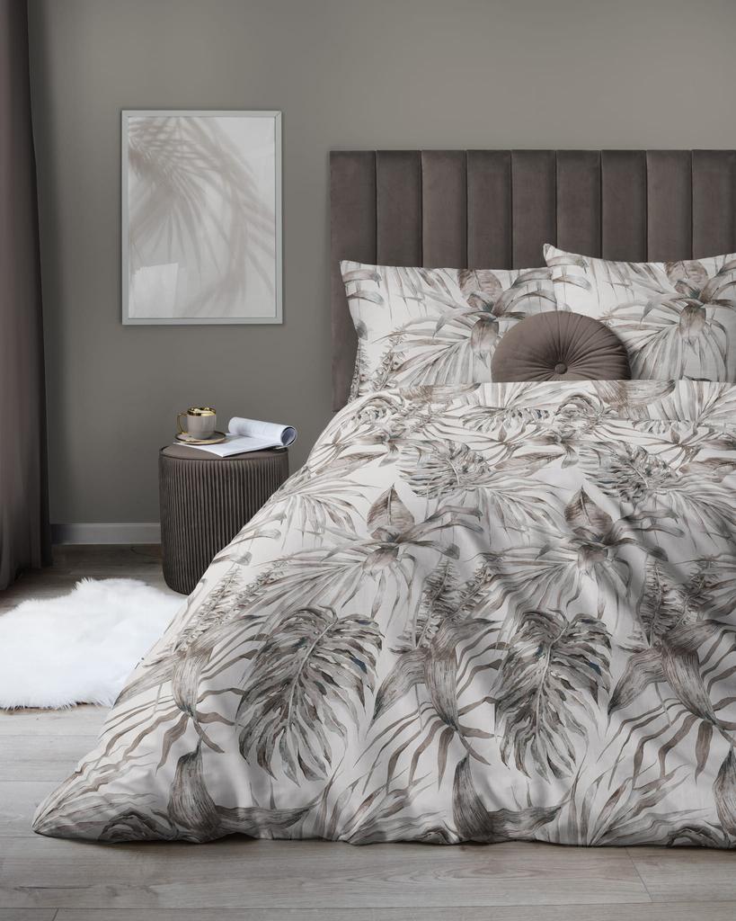 Satin bedding 160x200 leaves beige ash
