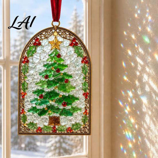 Holiday Fireplace Decor Christmas Sea Glass Suncatcher Stained Style Acrylic Window Hanging Ornament Cute Suncatcher Tree/Snowman/Gingerbread