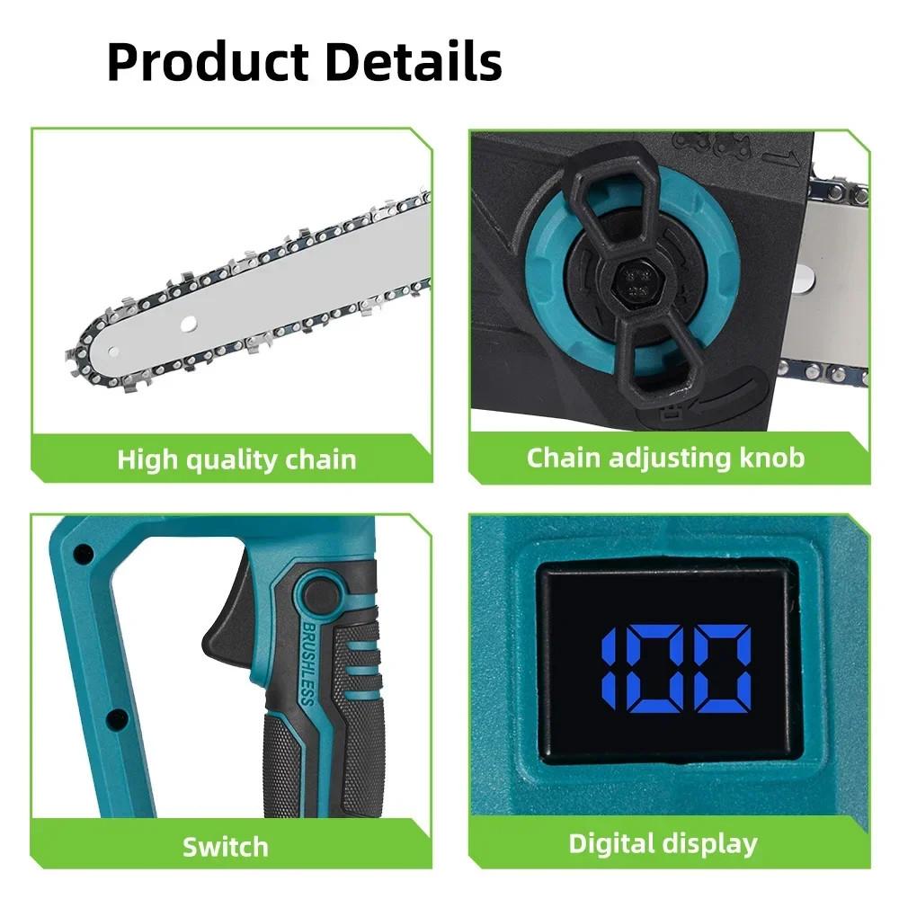 12 Inch Brushless Electric Chainsaw LED Display Cordless Wood Cutting Machine Garden Portable Logging Saw