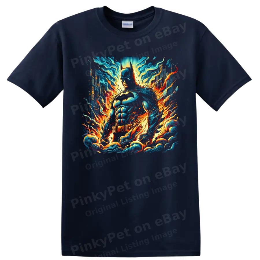 Batman Superhero T Shirt w/ Neon Fire Cityscape Comic Art Graphic Design Tee