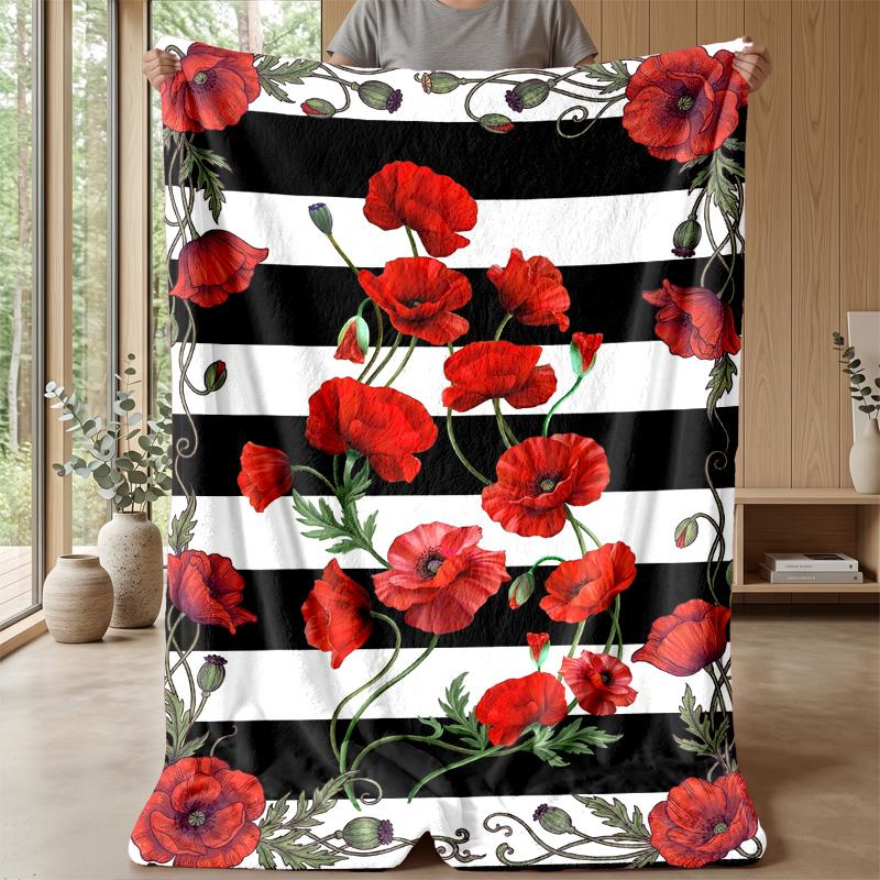 Red Poppies and Butterflies Theme blanket Lightweight Warm Flannel Blanket Decorative Throw Blanket for Home Decoration