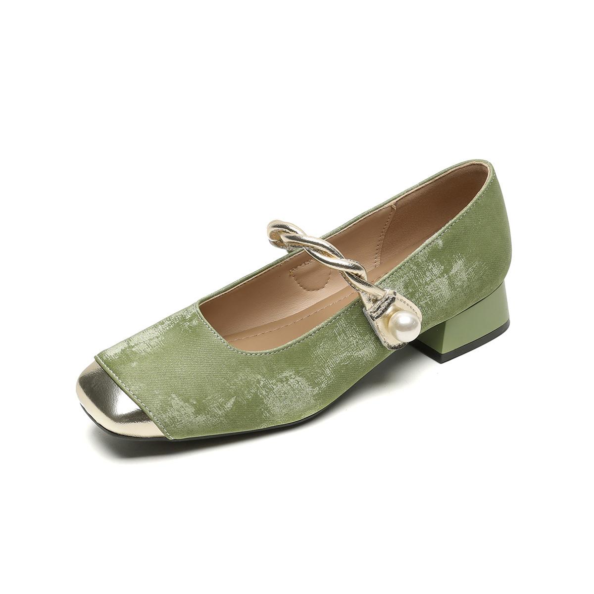 

Square Head Mary Jane Shoes Spring and Autumn Coarse Heel Shallow Mouth Single Shoes Women 42 зелёный