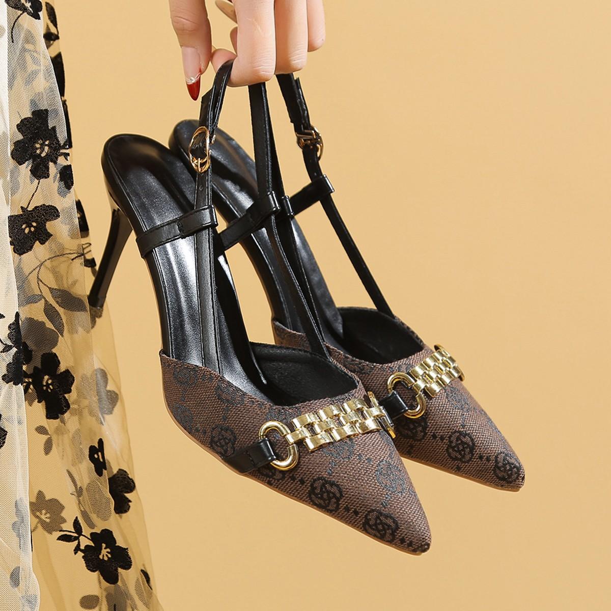 

Fashion 2026 Women s Fashion Baotou Sandals Spring New Pointed Head Shallow Mouth Metal Buckle Anti-slip Wear-resistant High Heels 35 коричневый