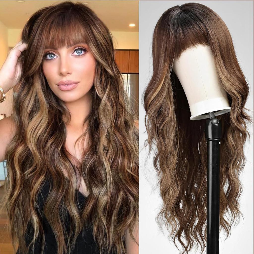 Cross-Border Water Wave Wigs European American Women's Fashionable Synthetic Hair Wig Brown Gradient Color Bangs Long Curly Hair