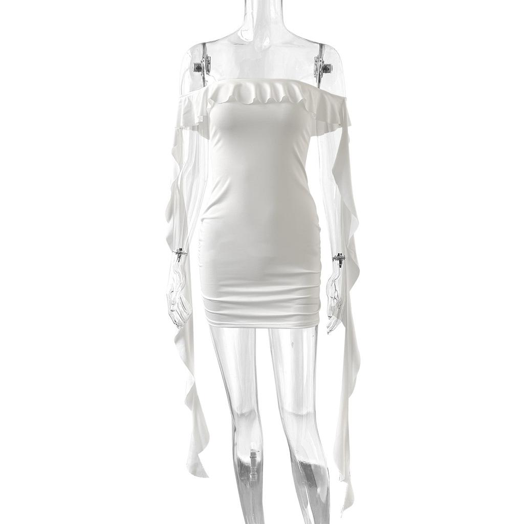 Popular One-word Collar Off-the-shoulder Women's Clothing, Streamer Hip Skirt, European and American Women's Clothing Fashion Pleated Slim Dress