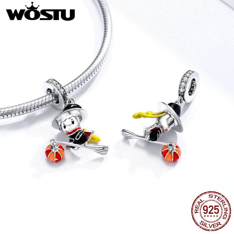 WOSTU Magic Witch Pendant 925 Sterling Silver Broom Witch Beads Charms for Necklaces