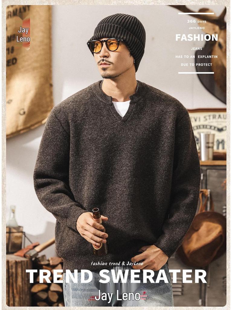 Men's Retro V-neck Wool Sweater: Winter Warmth and Plush Feel