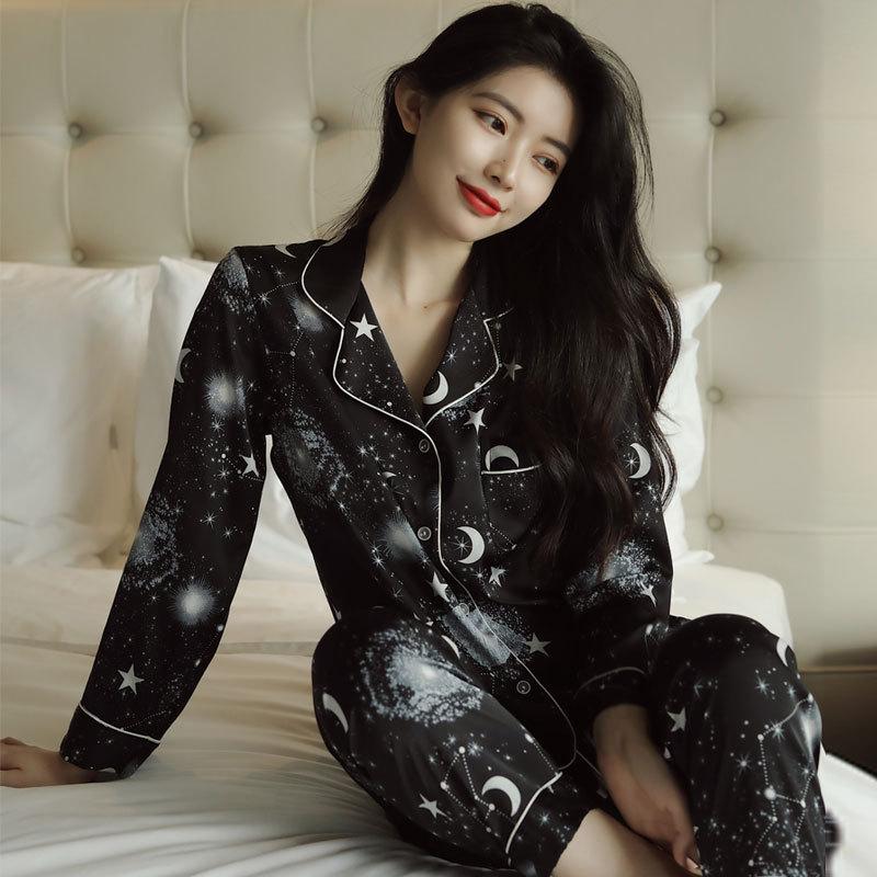 Summer New Pajamas Women's Long-sleeved Trousers Ice Silk Fashion Loose Casual Home Service Suits Can Wear Silk Outside