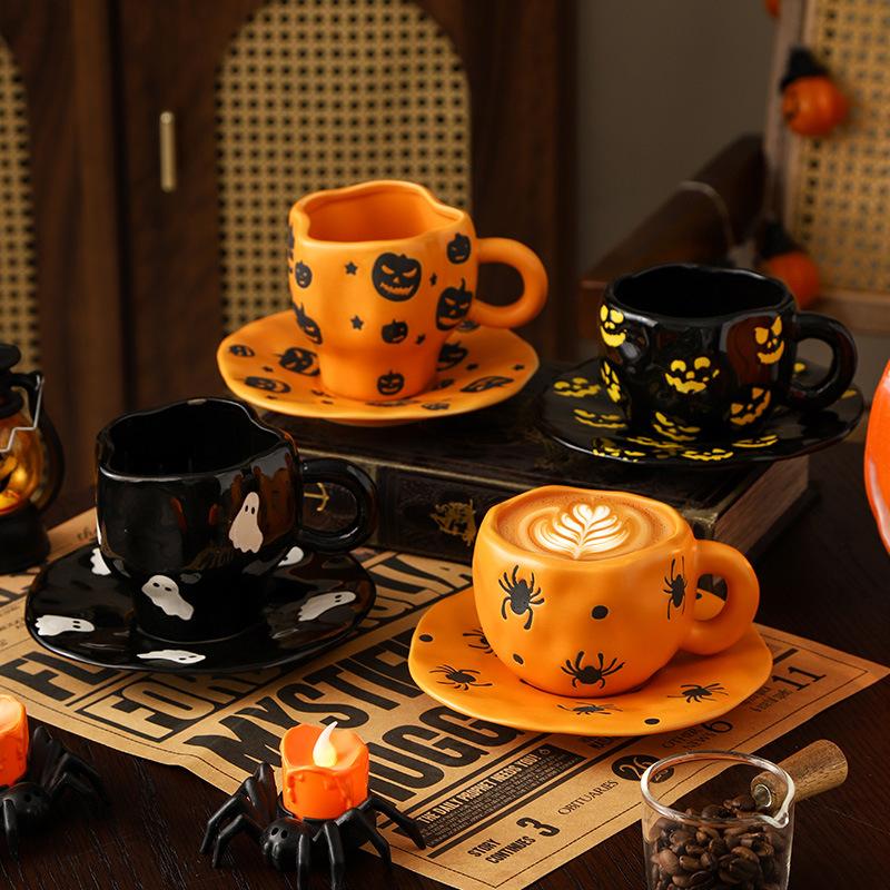 300ml Halloween Ceramic Coffee Cup Irregular Unique Mug with Bat Ghost Pattern Spooky Gift for Home Decor