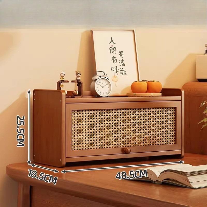 Armário de Armazenamento de Cozinha com Portas Decorativas em Rattan Sintético, Mini Armário de Armazenamento de Bancada de Bambu com Prateleira Organizadora com Porta Basculante, 1 peça