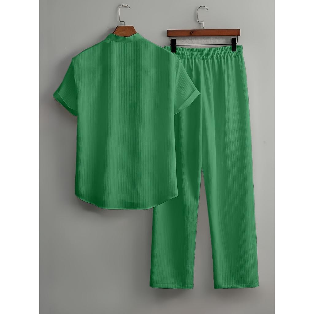 Men's Button Textured Casual Striped Short Sleeved Shirt and Elastic Straight Leg Pants Set, 2-piece Set