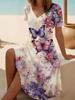 Women's Floral Print V-Neck Short Sleeve Dress,Black Background with Multicolor Flowers,Casual Beach Dress