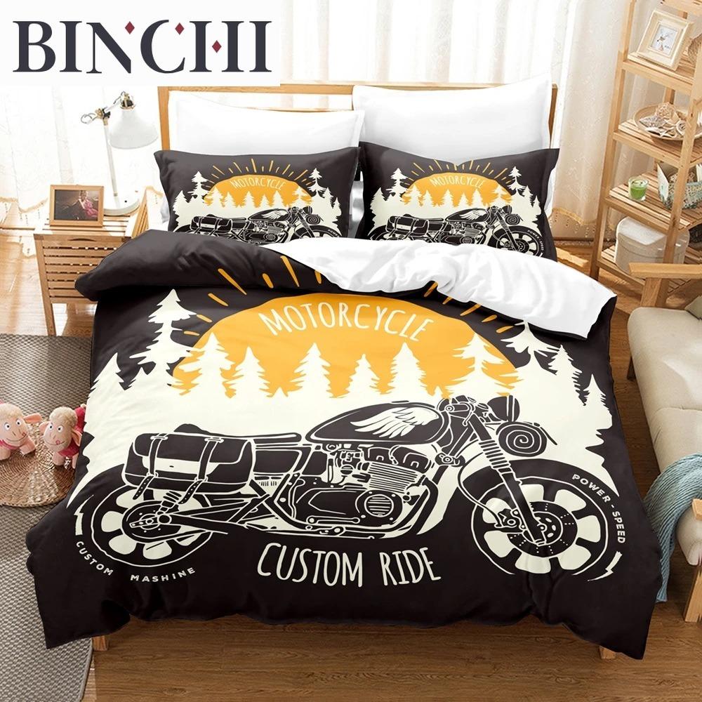 Motorcycle Duvet Cover Set Dirt Bike Extreme Sports Theme For Boy Girl Motocross Racer Polyester Bedding Set King Queen Size