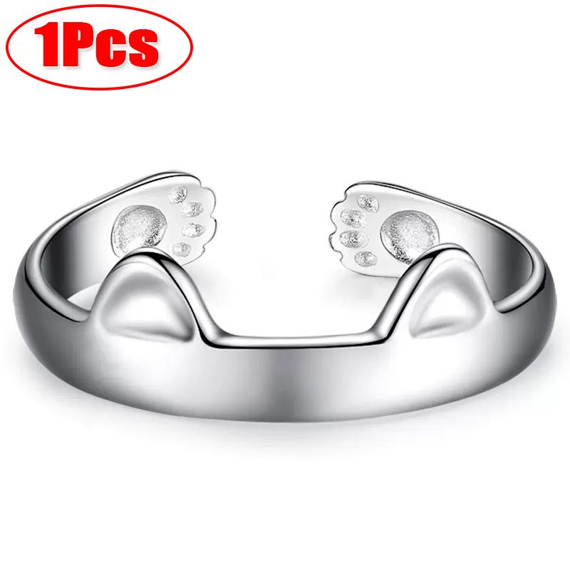 2Pcs Cute Cat Rings for Women Girls Adjustable Cat Ears Paw Animal Finger Ring Couple Cartoon Little Cat Kitten Gift Jewelry