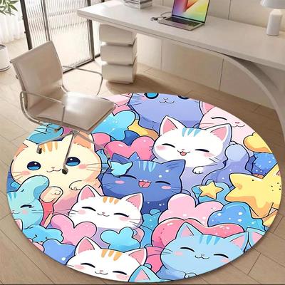 1PC Cats Kawaii Office Round Area Rug, Mat Suitable For Office, Under Office Chairs Bedroom Living Room Home Decor, Room Deco