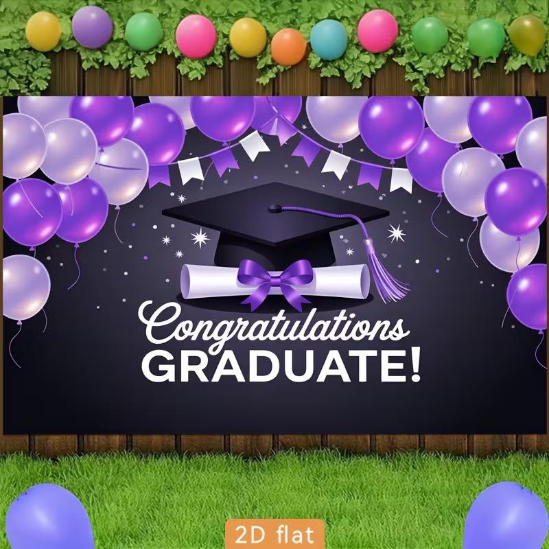 2D Graduation Photo Backdrop, Purple Black "Congratulations Graduate" Themed Party Background