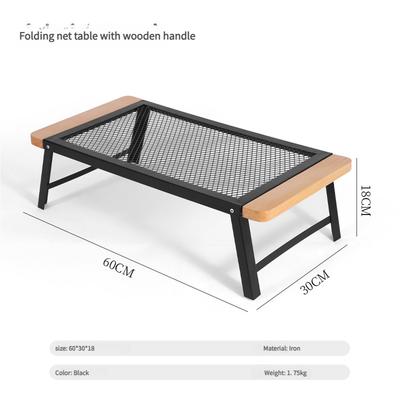 Portable Folding Camping Table with Solid Wood Top and Iron Mesh Surface Heat Resistant Outdoor Picnic Desk Lightweight for Backyard Beach