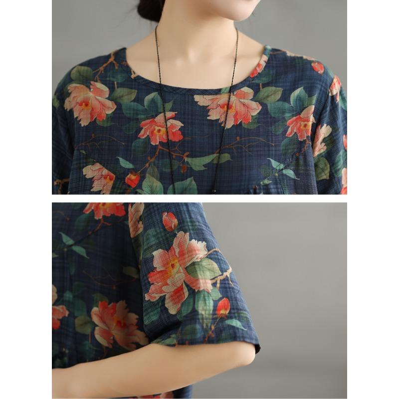 Dimanaf Vestido vintage de talla grande de verano 2025 para mujer, vestido informal, holgado, básico, con estampado floral, vestido largo