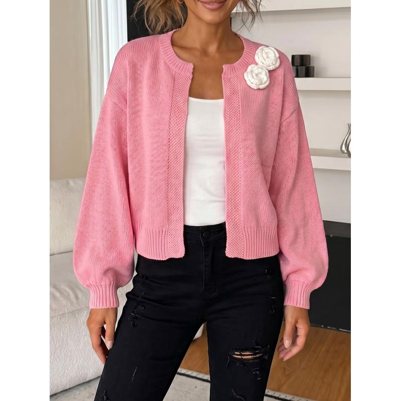 Women S Knit Cardigan Sweater Long Sleeve Lantern Sleeve Round Neck 3d Flower Pattern