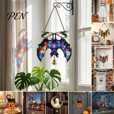 Vintage Window Pendant Halloween 2D Acrylic Decoration with Chain, Bell, Stained Glass Ghost Bat Festive Wall Hanging Pumpkin Suncatcher Decor,