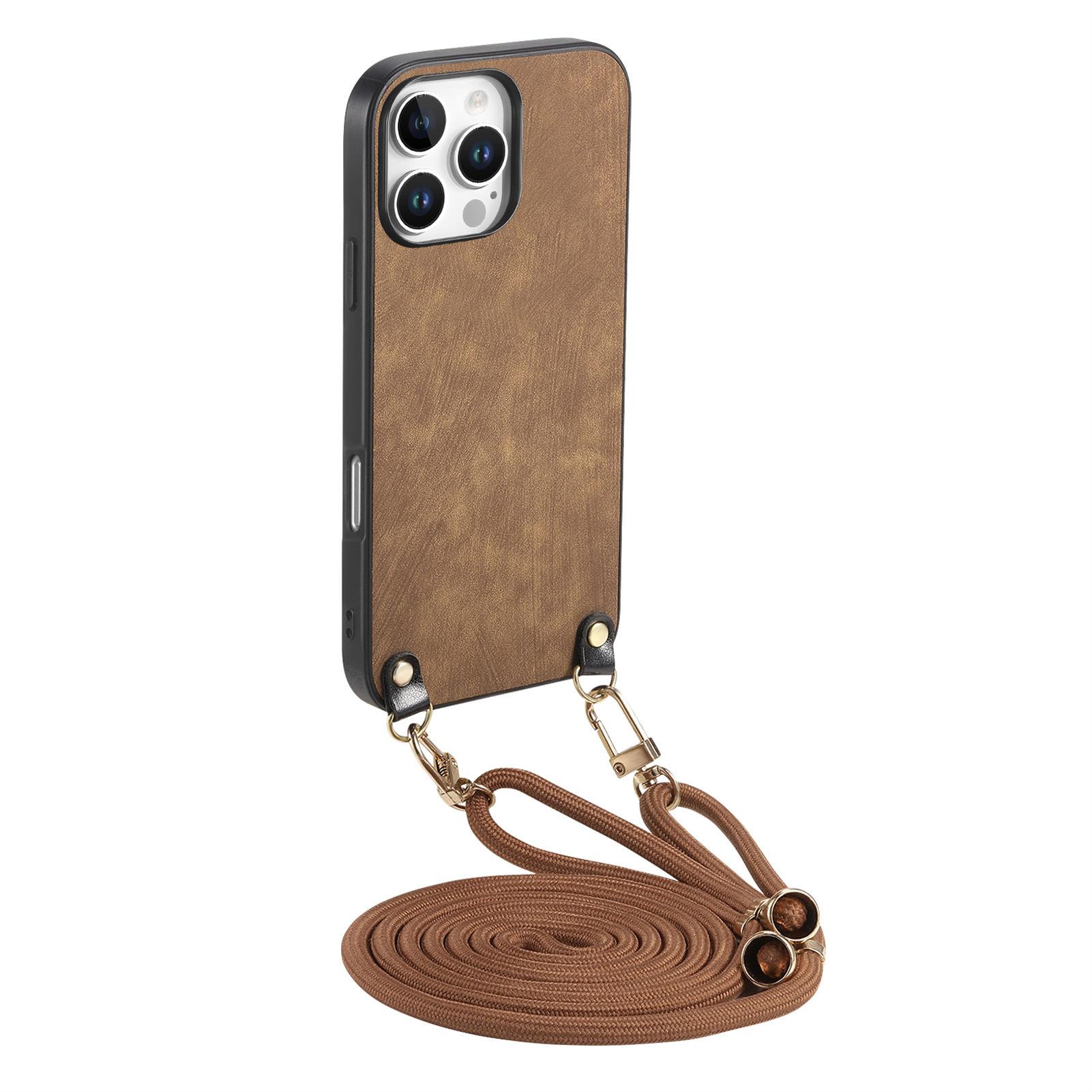 

For iPhone 16 Pro Retro Leather Phone Back Cover with Adjustable Strap Brown