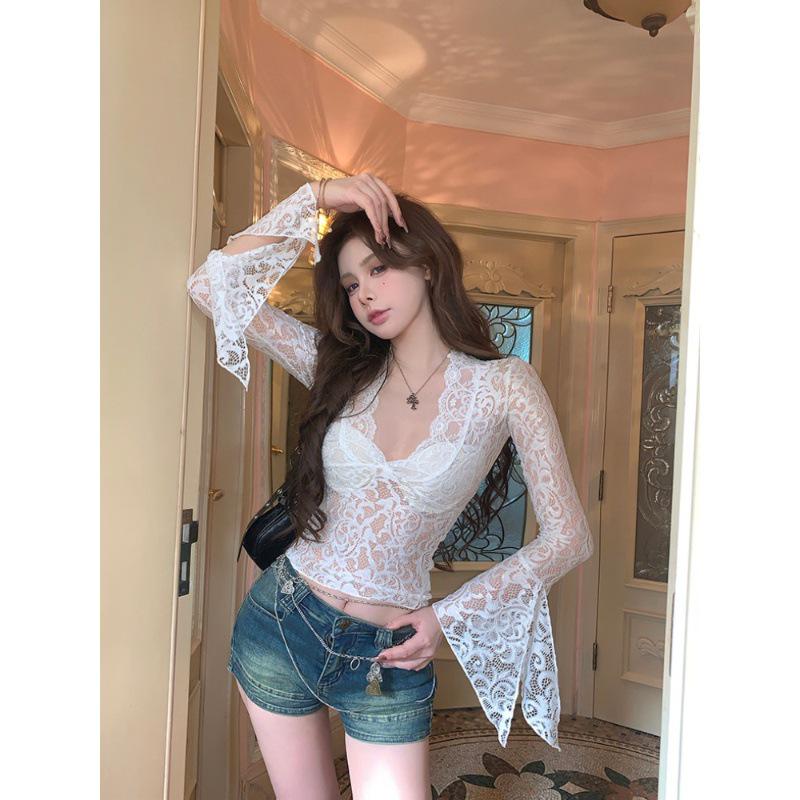 Women's Sexy Slimming Lace V-Neck Long Sleeve Top - Early Autumn Pure Desire Style