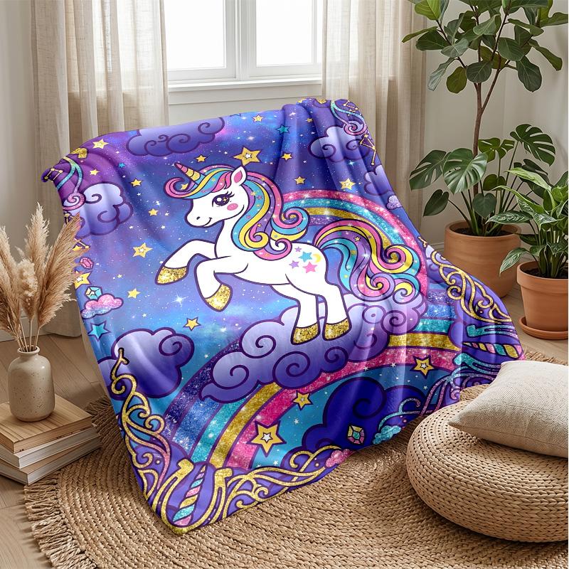 Magical Unicorn Rainbow Theme Blanket Lightweight Warm Flannel Blanket Decorative Throw Blanket for Home Decoration