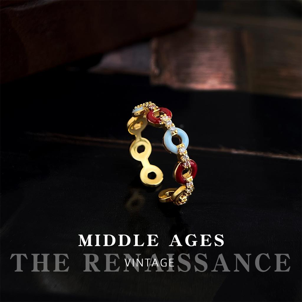 Contrasting Donut~ Micro-inlaid zircon-plated 18K real gold oil drop ring, opening adjustable geometric round index finger ring